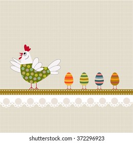 Easter card with hen and eggs, vector illustration