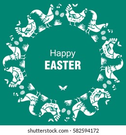 Easter card with hens, cocks,  butterfly and eggs. Vector illustration.