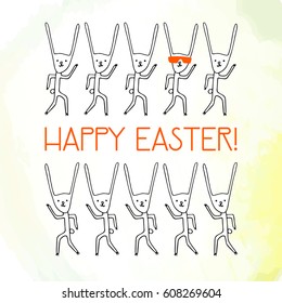 Easter card with Hipster Easter rabbit. Card with sketch watercolor hand drawn illustration. Mod easter design.