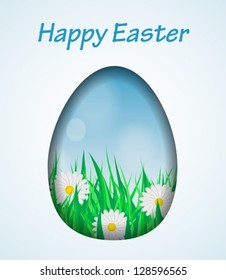 Easter card with a hole in the shape of an egg. Inside the card grass, daisies and blue sky