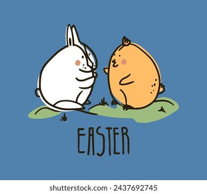 Easter card with holiday characters. A chicken and a rabbit are sitting in the grass. Outline illustration in cartoon style. Partial flat. Stylization in the shape of an egg. Easter lettering.