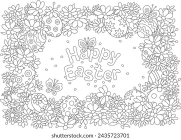 Easter card and holiday frame border with spring flowers, painted gift eggs and merry butterflies flying around, black and white outline vector cartoon illustration for a coloring book