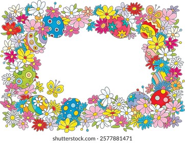 Easter card and holiday frame border with colorful spring flowers, painted gift eggs and funny butterflies flying around, vector cartoon illustration on a white background