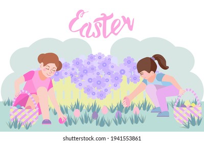 Easter card. Horizontal postcard.  Cute little girls collect Easter eggs in baskets in the garden. Search for holiday eggs. Vector drawing in a flat cartoon style. Inscription :  Easter