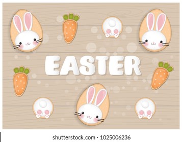 Easter card with ice cookies in rabbit, carrots shape, wooden table background. Vector illustration. 