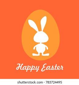 easter card icon, label with rabbit symbol and egg sign, green card, happy easter text, orange