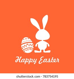 easter card icon, label with rabbit symbol and egg sign, green card, happy easter text, orange