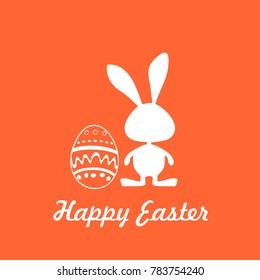 easter card icon, label with rabbit symbol and egg sign, green card, happy easter text, orange
