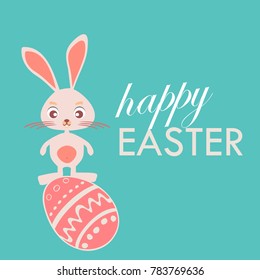 easter card icon, label with rabbit symbol and egg sign, green card, happy easter text, green