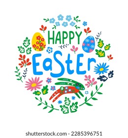 Easter card with the image of rabbits, hares, Easter eggs and grass decor. simple drawing, light easter elements 