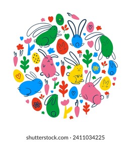 Tarjeta de Pascua con la imagen de conejos, liebres, huevos de Pascua y decoración de hierba. dibujo sencillo, elementos de la escenificación luminosa en estilo lineal y plano, dibujo a mano