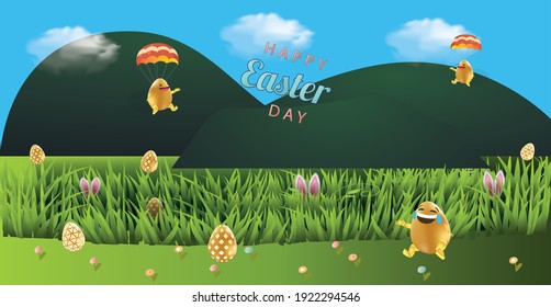 Easter card with the inscription happy Easter day. little golden egg emojis and bunny ears in a magical clearing. the sky is covered with clouds.