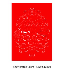 Easter card with an inscription Happy Easter and decorative elements of white color on a red background.