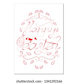Easter card with an inscription Happy Easter and decorative elements of red color on a white background.