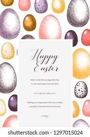 Easter card or invitation design. Hand drawn quail and chicken eggs illustration. Vector holiday background. Traditional elements. Vintage template.
