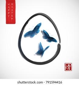 Easter card in japanese style. Blue butterflies in easter egg on white background. Traditional oriental ink painting sumi-e, u-sin, go-hua. Hieroglyph - clarity