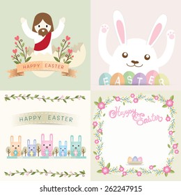Easter card with Jesus, rabbit and flower vintage set vector.