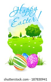 Easter Card with Landscape, Grass and Decorated Eggs