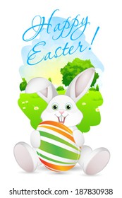 Easter Card with Landscape, Tree, Rabbit and Decorated Egg
