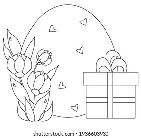 Osterkarte. Grosses Osterei mit einem Blumenstrauß und Blättern und einer Schachtel mit Geschenk. Vektorgrafik. Schwarze Linie, Umriss. Illustration für Design, Dekoration, Druck, Postkarten für Frohe Ostern