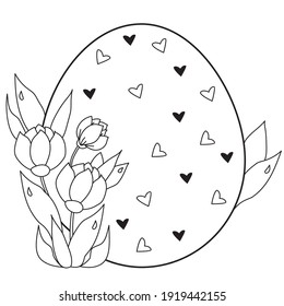 Easter card. Large Easter egg with hearts and a bouquet of spring flowers and leaves. Vector. Black line, outline. Illustration for design, decor, print, postcards 