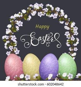Easter card with lettering and colored eggs. Blossom tree, spring holidays. Vector illustration EPS10.