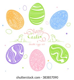 Easter card with lettering: Happy Easter, in a frame of grass with a rabbit and a bird in pastel colours. Set Doodle Easter eggs, hand-drawn doodle vector illustration