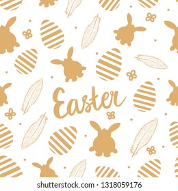 Easter card. Lettering with striped eggs, hand drawing feathers, rabbit silhouette. Gold color on white background.