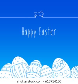 Easter card with line rabbit and eggs with ornament. Vector.