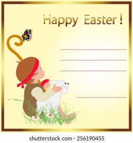 Easter card with little boy and lamb - Vector illustration. 