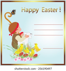 Easter card with little boy, lamb, chicken and eggs - Vector illustration. 
