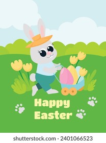 Easter card. Little cute Easter bunny is carrying colored eggs in a cart. Great illustration in cartoon style.