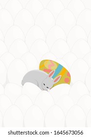 Easter card. Little cute rabbit sleeps hugging a decorated egg. Background of white eggs. Vector illustration