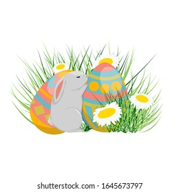 Tarjeta de Pascua. Un pequeño conejo adorable se para y se aferra a un huevo decorado para las vacaciones. Huevos de Pascua, hierba y margaritas. Ilustración del vector