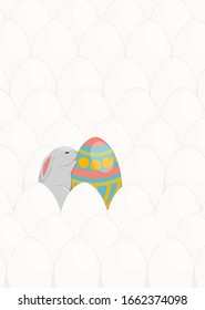 Easter card. Little cute rabbit sleeps near a decorated easter egg. Background of white eggs. Vector illustration