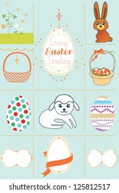 Easter card with many graphical Easter elements. Easter eggs, flowers, labels, animals. Loving Easter greeting.