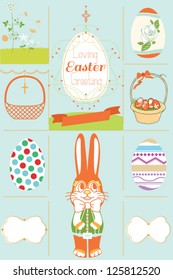 Easter card with many graphical Easter elements. Easter eggs, flowers, labels, animals. Loving Easter greeting.