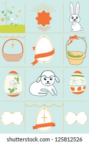 Easter card with many graphical Easter elements. Easter eggs, flowers, labels, animals. Loving Easter greeting.