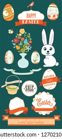 Easter card with many graphical Easter elements. Easter eggs, flowers, labels, animals. Loving Easter greeting.