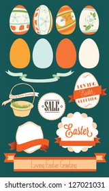 Easter card with many graphical Easter elements. Easter eggs, flowers, labels, animals. Loving Easter greeting.