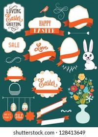 Easter card with many graphical Easter elements. Easter eggs, flowers, labels, animals. Loving Easter greeting.