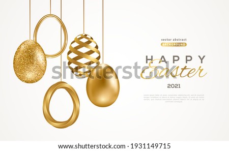 Easter card with modern trendy gold eggs set on white background. Vector illustration. Poster, holiday banner, flyer or greeting voucher, brochures design template layout. Place for text.