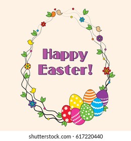 Easter Card with Multicolor Eggs and Inscription: Happy Easter!