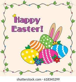 Easter Card with Multicolor Eggs and Inscription: Happy Easter!