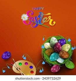 Easter card with nest and eggs, palette with paints and brushes