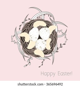 Easter card with nest, spotted eggs and feathers on the grass, and willow branches.