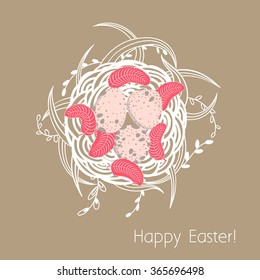 Easter card with nest, spotted eggs and feathers on the grass, and willow branches.