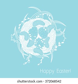 Easter card with nest, spotted eggs and feathers on the grass and willow branches.