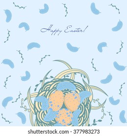 Easter card with nest, spotted eggs and feathers on the grass and willow branches.