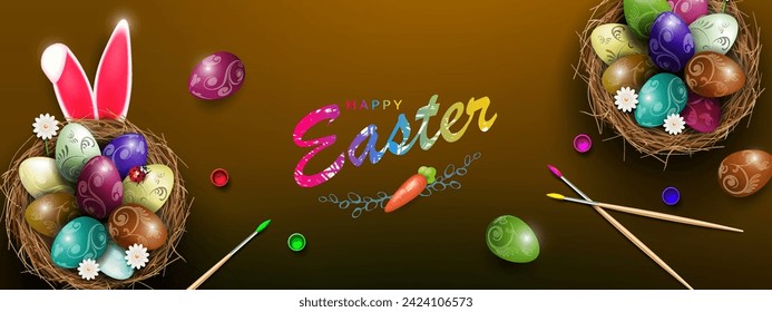 Easter card with nests and eggs, rabbit ears, brushes and paints.